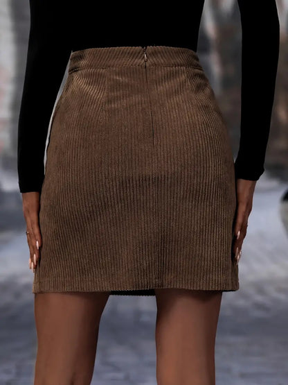 Chic Brown Corduroy Women's Mini Skirt with Slit and High Waist