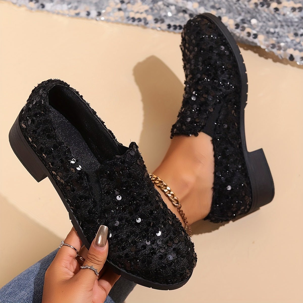 Glanzende Pailletten Dames Loafers met Blokhak en Elastische Inzet