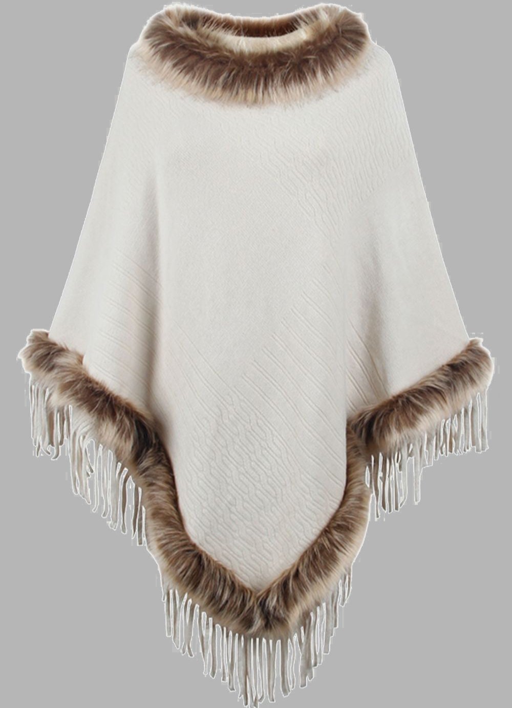 Stijlvolle Elegante Dames Poncho met Bontkraag en Franjes