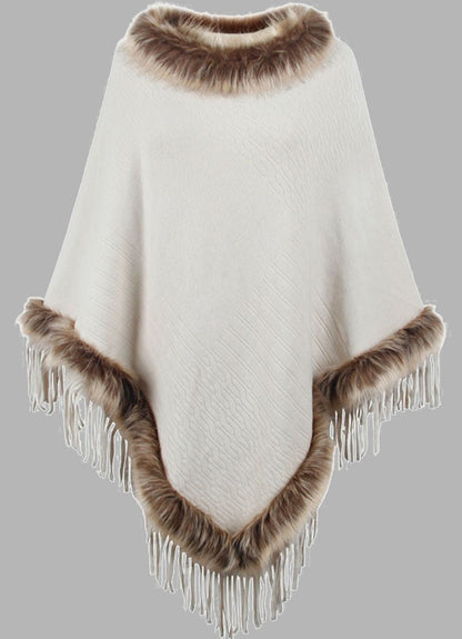 Stijlvolle Elegante Dames Poncho met Bontkraag en Franjes