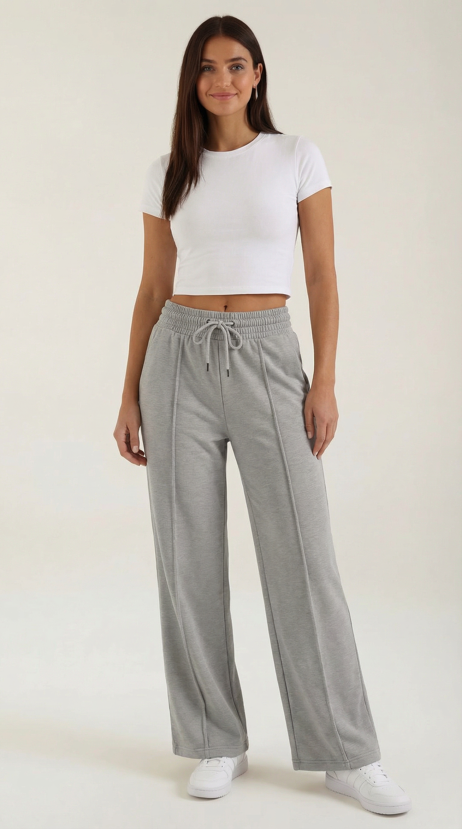 Pantalon jogging gris pour femmes avec taille élastique et jambes larges