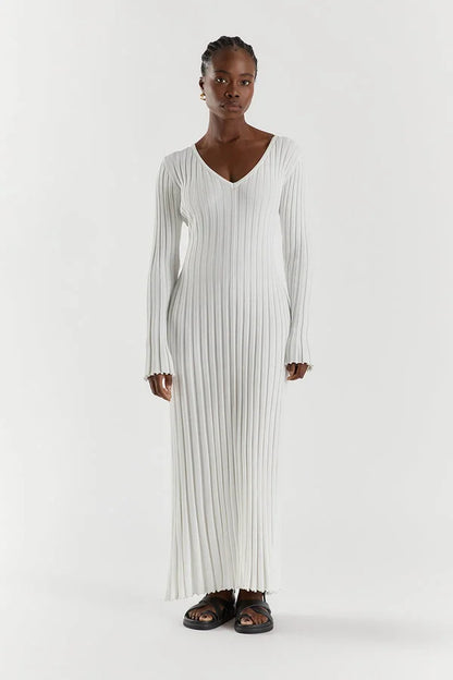 Elegante Comfortabele Gebreide Dames Midi Jurk met V-Hals