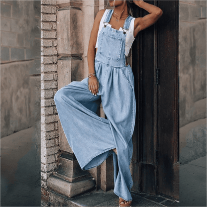 Combinaison en Denim Tendance pour Femmes avec Pantalons Amples et Bretelles