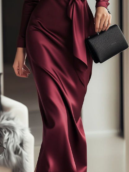 Luxe Dames Bordeaux Satijnen Gala Midi Jurk Met Overslag