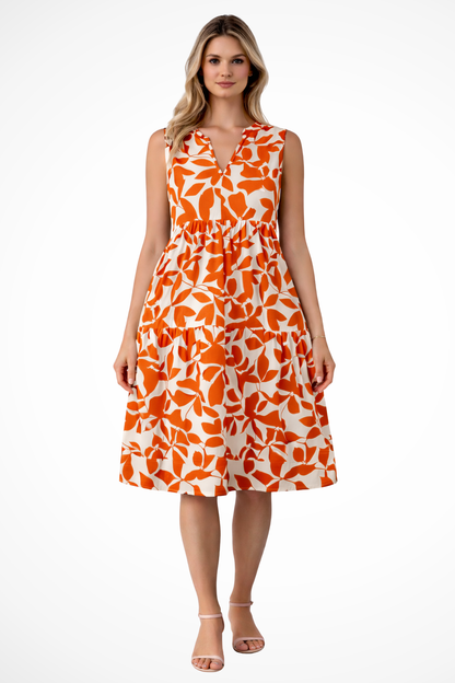 Luchtige midi zomerjurk met V hals en bladprint