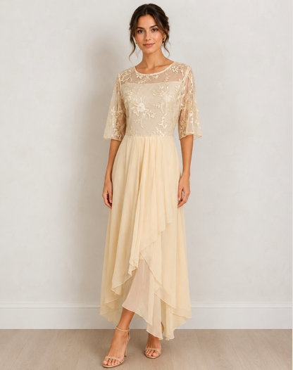 Robe midi femme avec haut en dentelle et manches trois-quarts