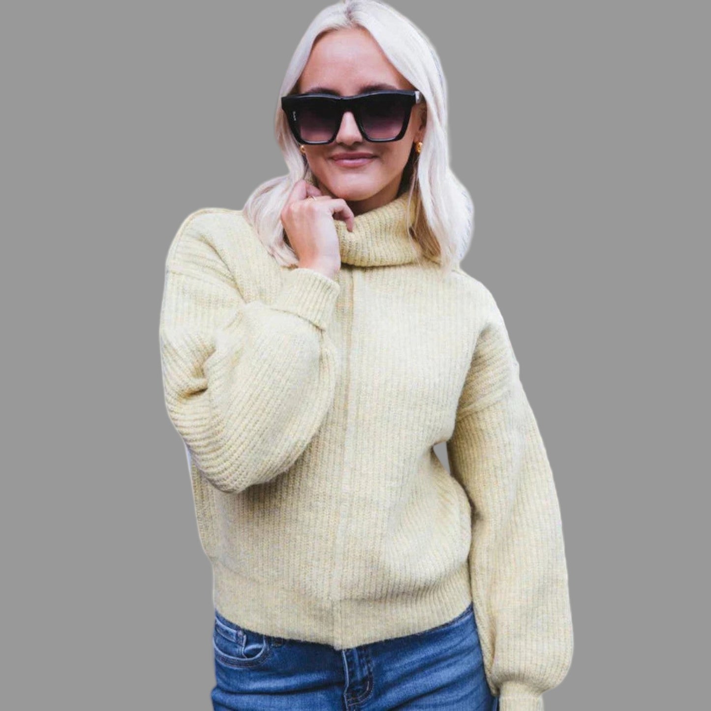 Knitted Yellow Women's Turtleneck Sweater with Long Sleeves