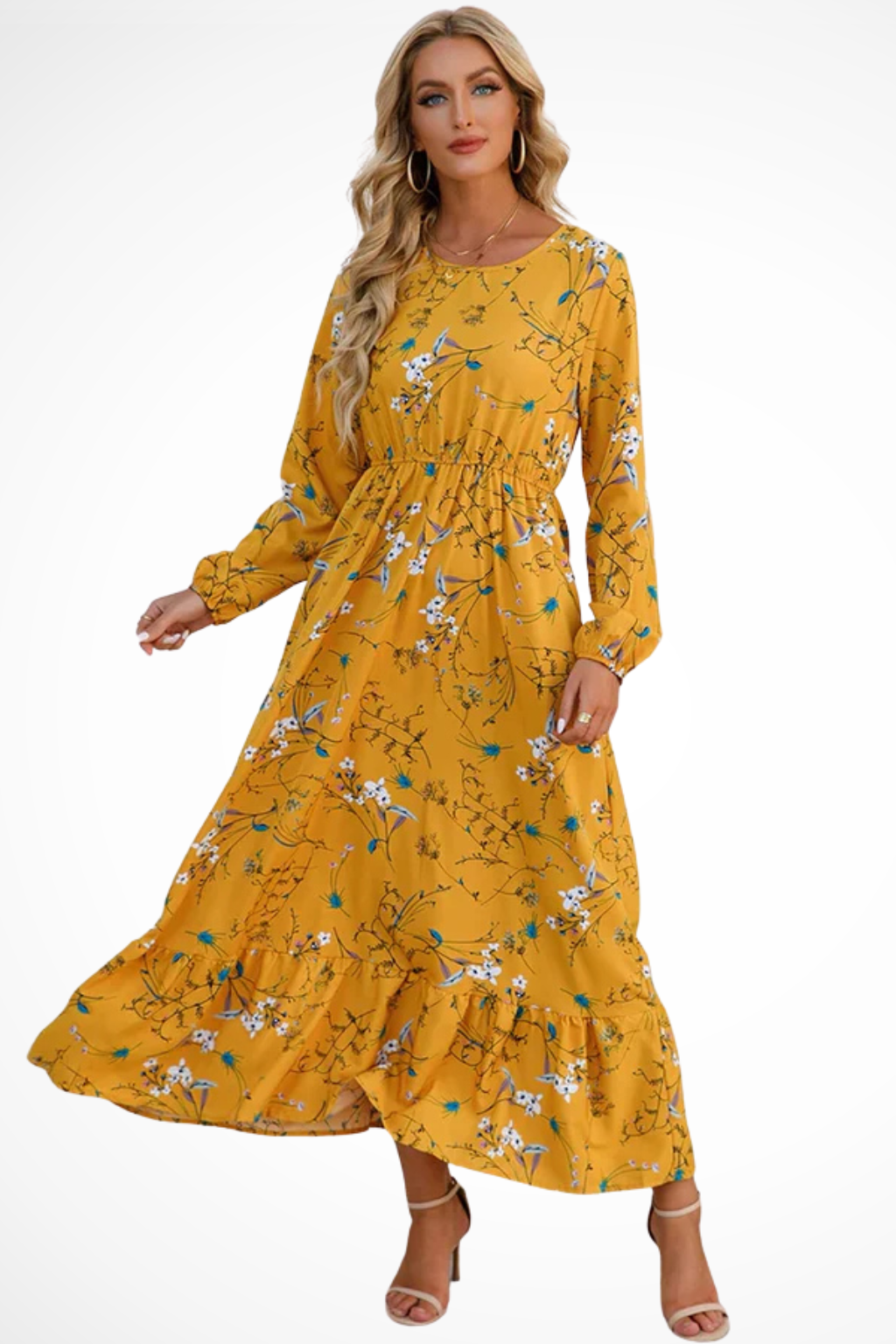 Robe maxi d'été à imprimé floral avec manches longues pour femme