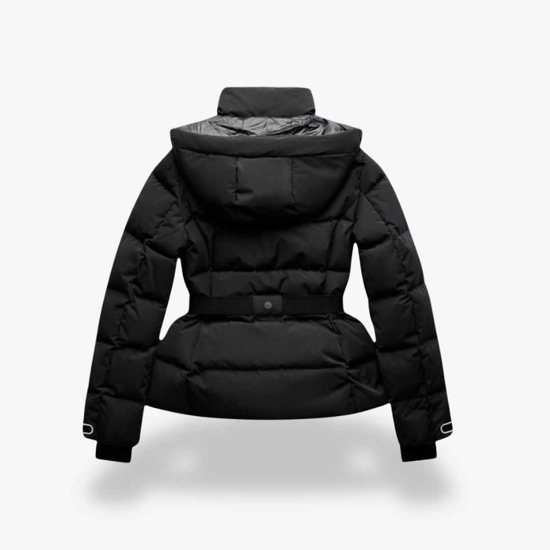 Warme Zwarte Dames Puffer Jas met Riem en Hoge Kraag