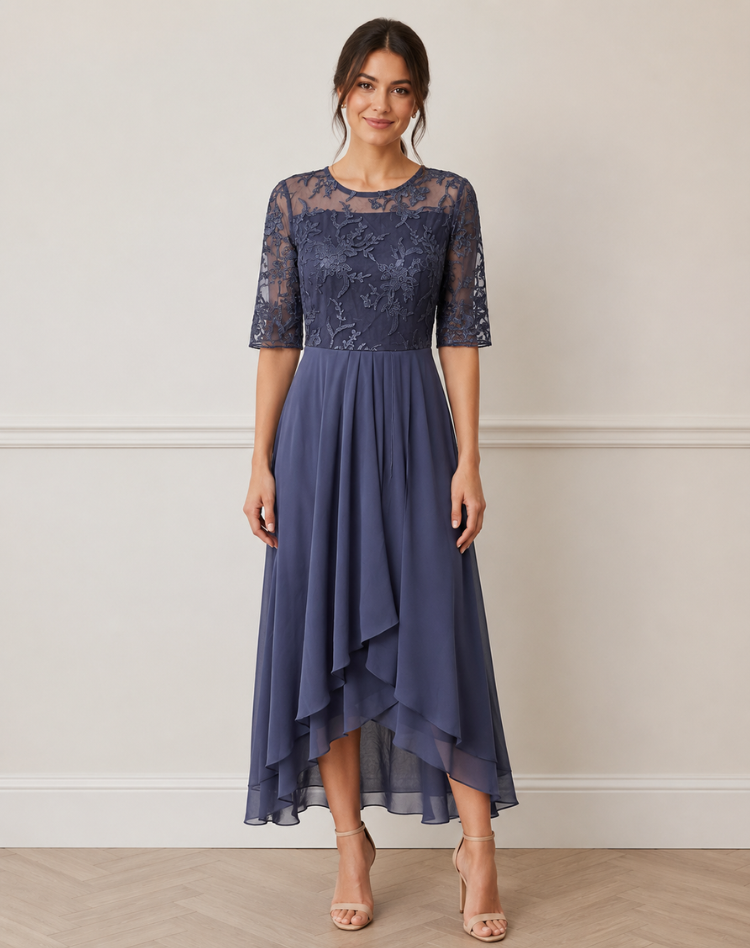 Robe midi femme avec haut en dentelle et manches trois-quarts