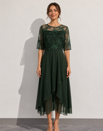 Robe midi femme avec haut en dentelle et manches trois-quarts
