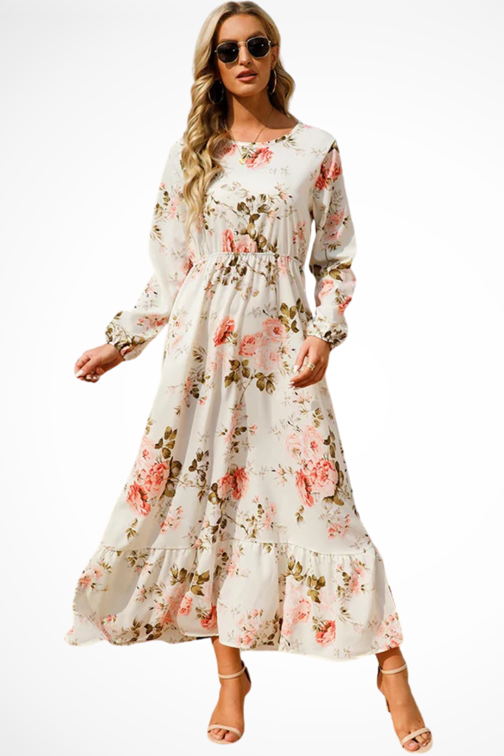 Robe maxi d'été à imprimé floral avec manches longues pour femme
