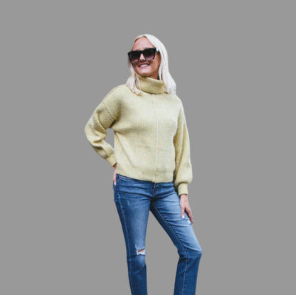 Knitted Yellow Women's Turtleneck Sweater with Long Sleeves