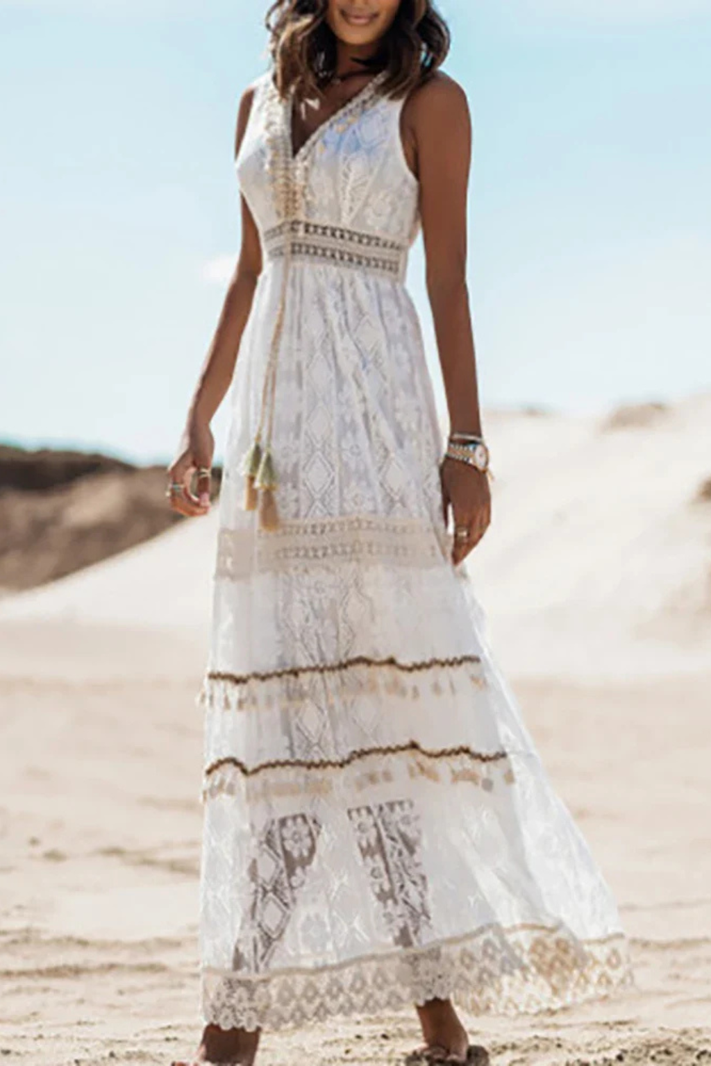Boho Maxi Zomerjurk Met Kantdetails En Kwastjes