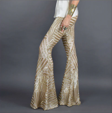 Glamoureuze Gouden Dames Broek met Pailletten en Wijde Pijpen