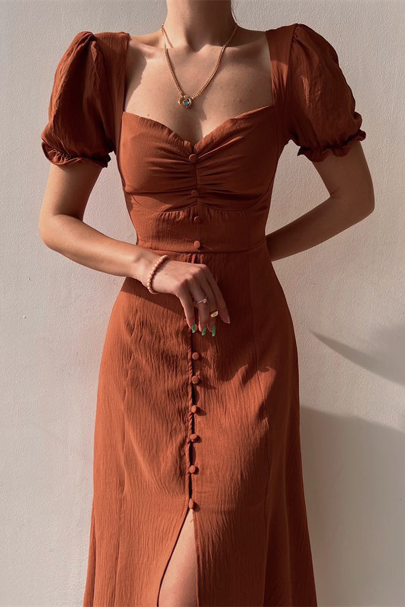 Pyra | Midi Jurk met Pofmouwen en Knoopsluiting