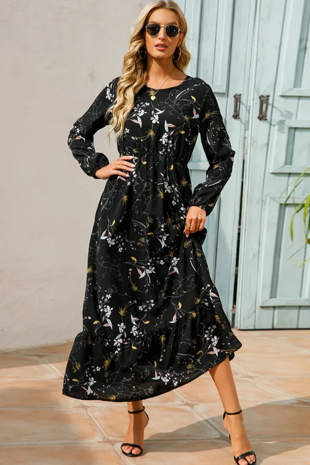 Robe maxi d'été à imprimé floral avec manches longues pour femme