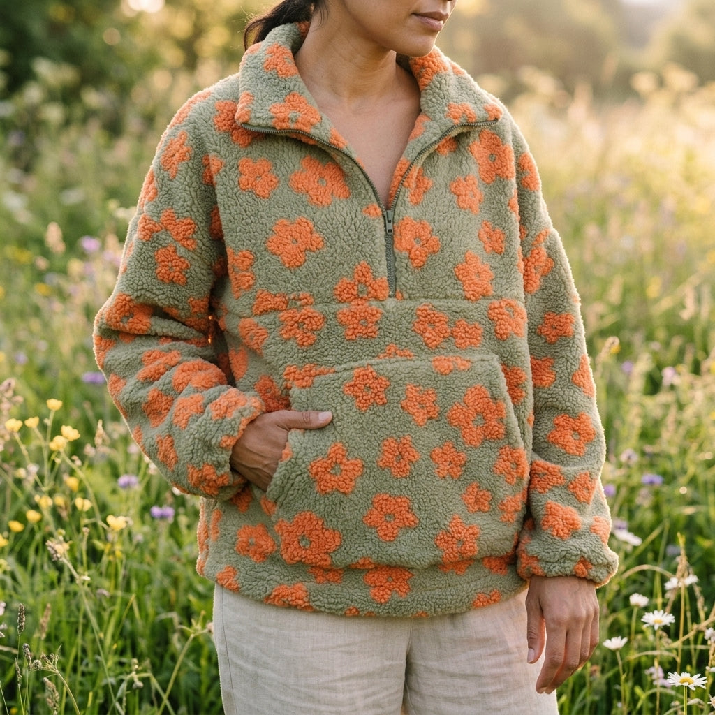Donzige Teddy Dames Sweater met Kwartrits en Kangoeroezak