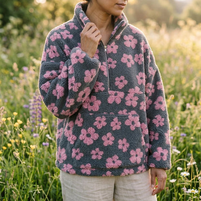 Donzige Teddy Dames Sweater met Kwartrits en Kangoeroezak