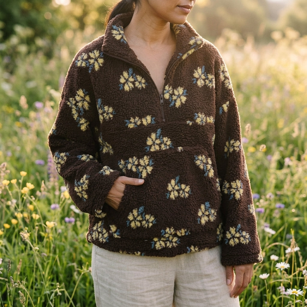 Donzige Teddy Dames Sweater met Kwartrits en Kangoeroezak
