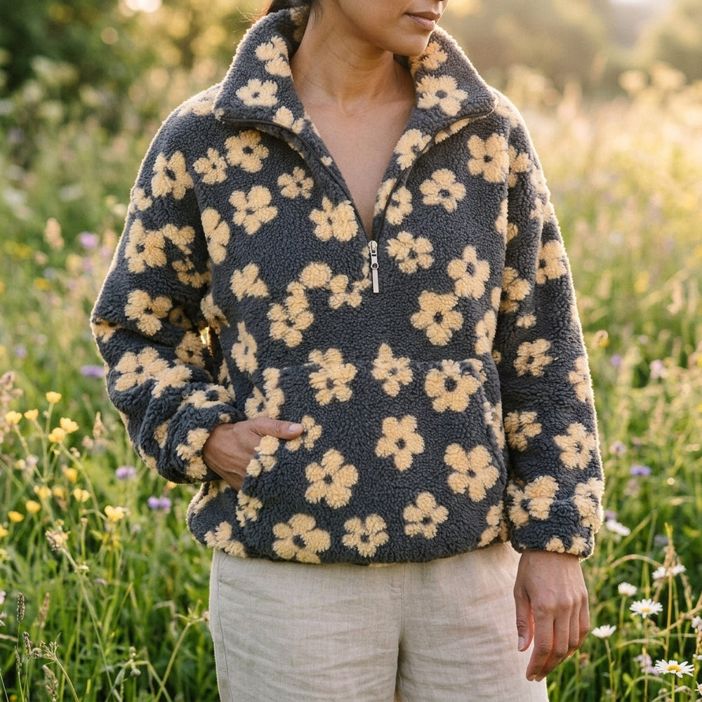 Donzige Teddy Dames Sweater met Kwartrits en Kangoeroezak