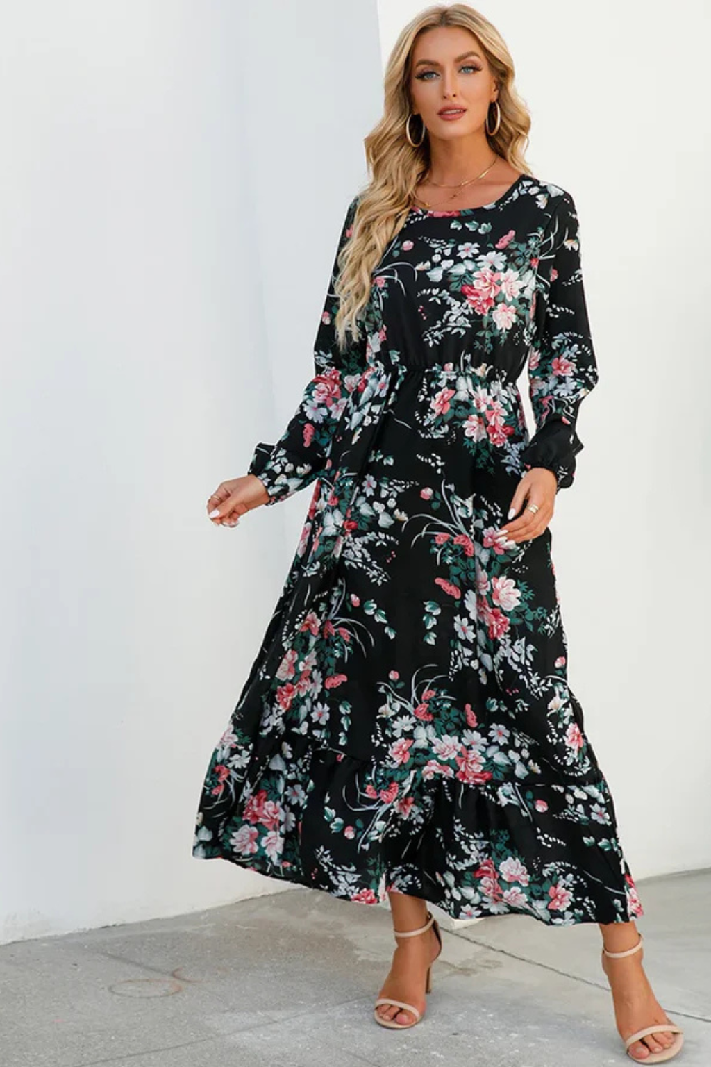Robe maxi d'été à imprimé floral avec manches longues pour femme