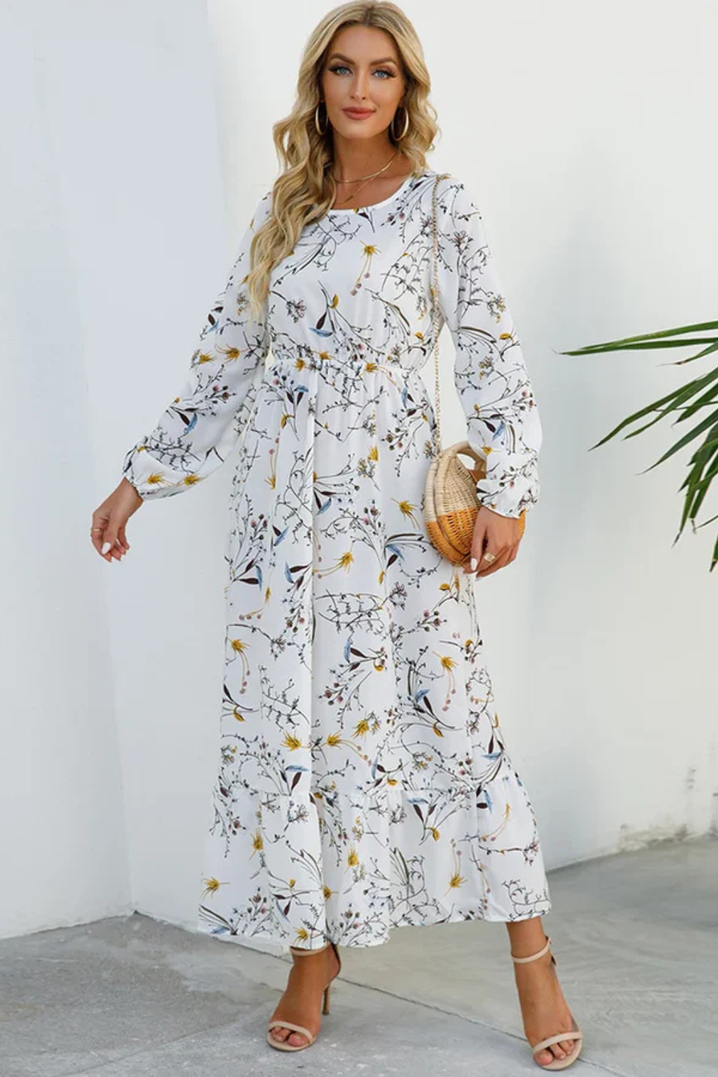 Robe maxi d'été à imprimé floral avec manches longues pour femme