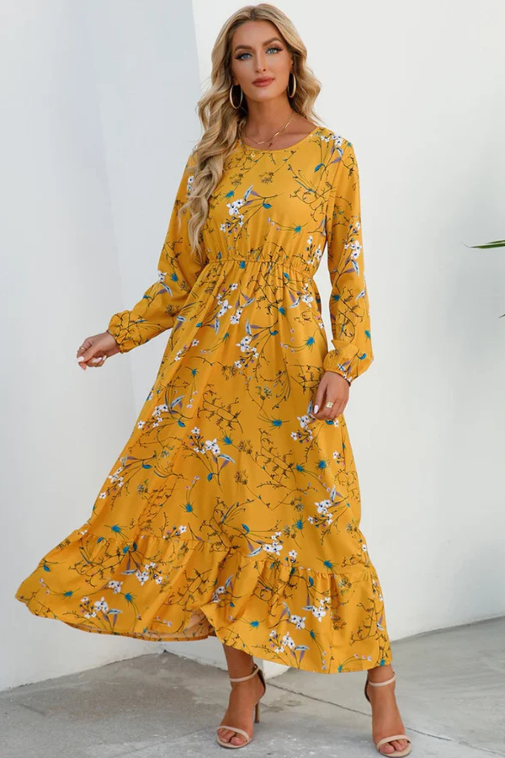 Robe maxi d'été à imprimé floral avec manches longues pour femme