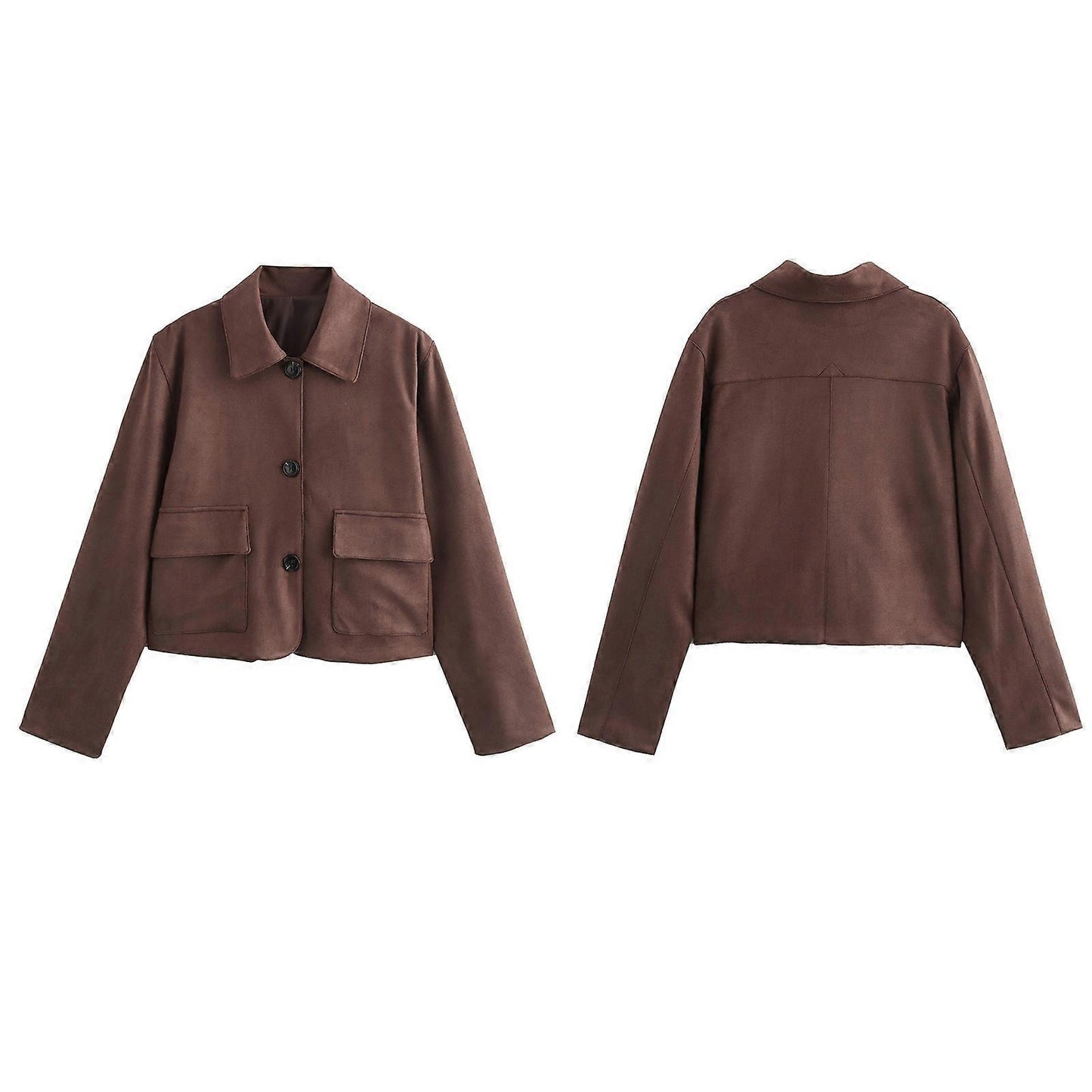 Brown Short Jacket with Collar and Pockets for Women