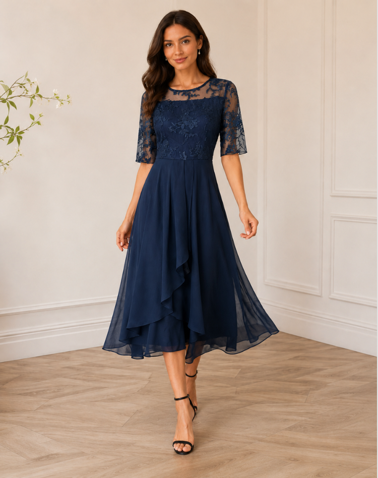 Robe midi femme avec haut en dentelle et manches trois-quarts