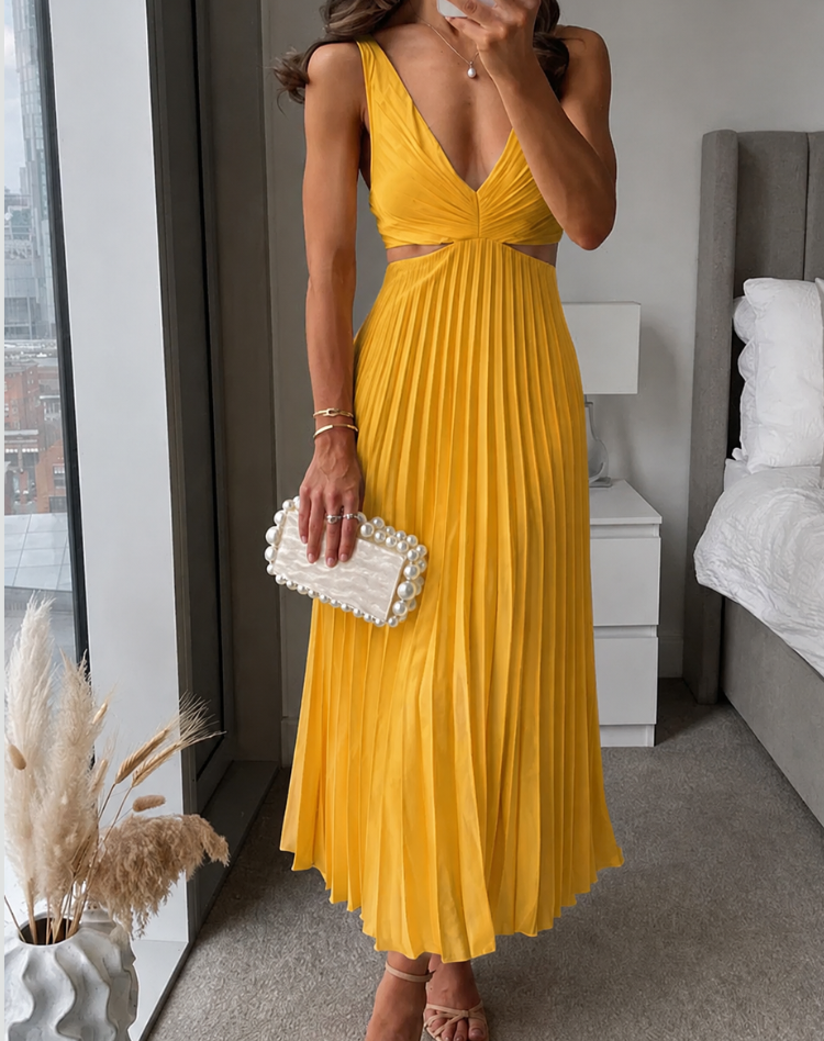 Claudy | Summer Pleated Midi Dress with Deep V-Neck