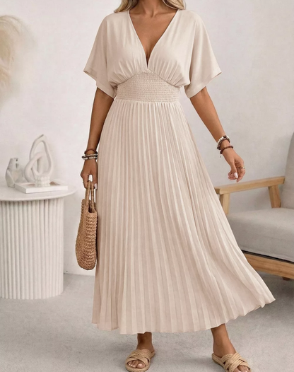 Luchtige Beige Midi Jurk Met V Hals En Knopen voor Vrouwen