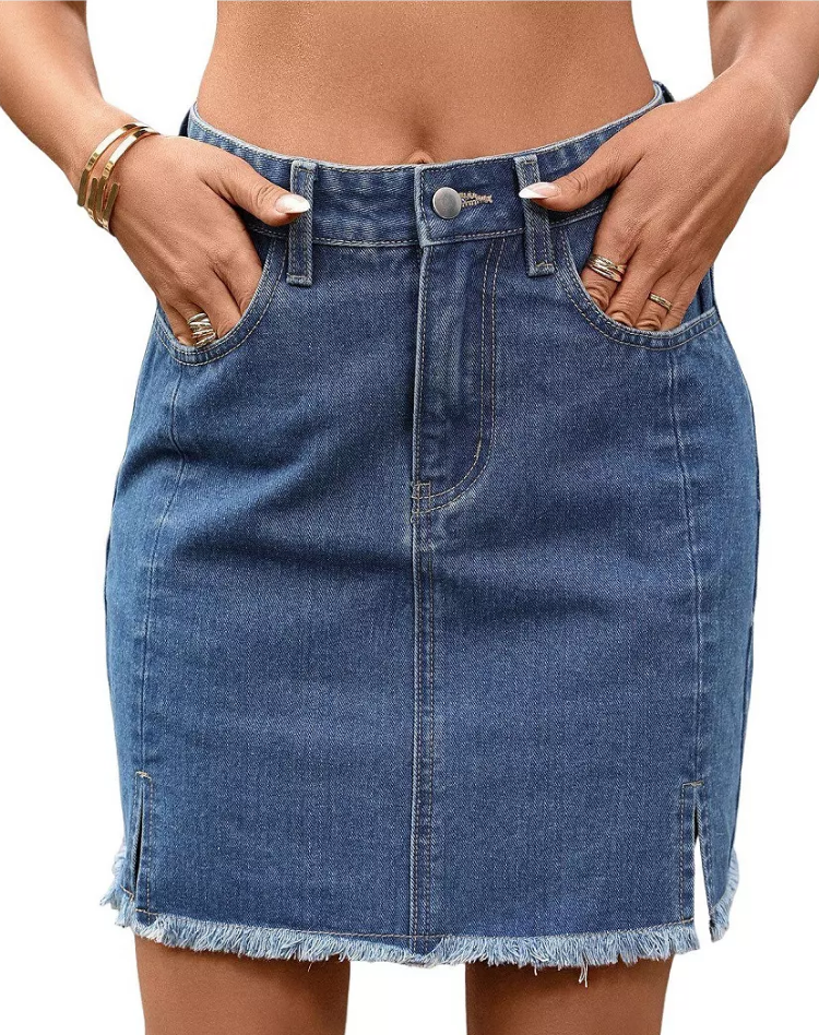 Rekbare Denim Dames Mini Rok met Hoge Taille en Gerafelde Zoom