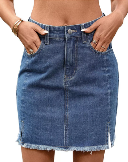 Rekbare Denim Dames Mini Rok met Hoge Taille en Gerafelde Zoom