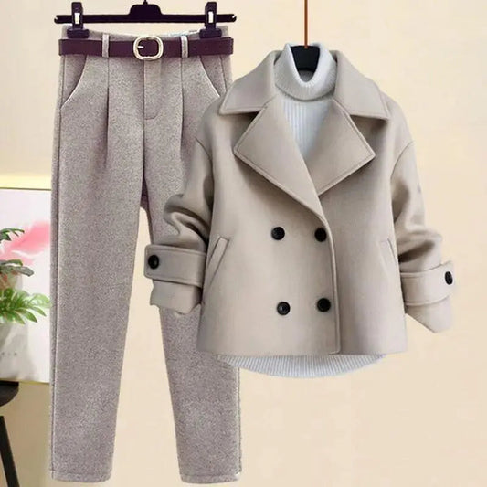 Dames Blazer Broek Set met Ceintuur en Dubbele Knopen