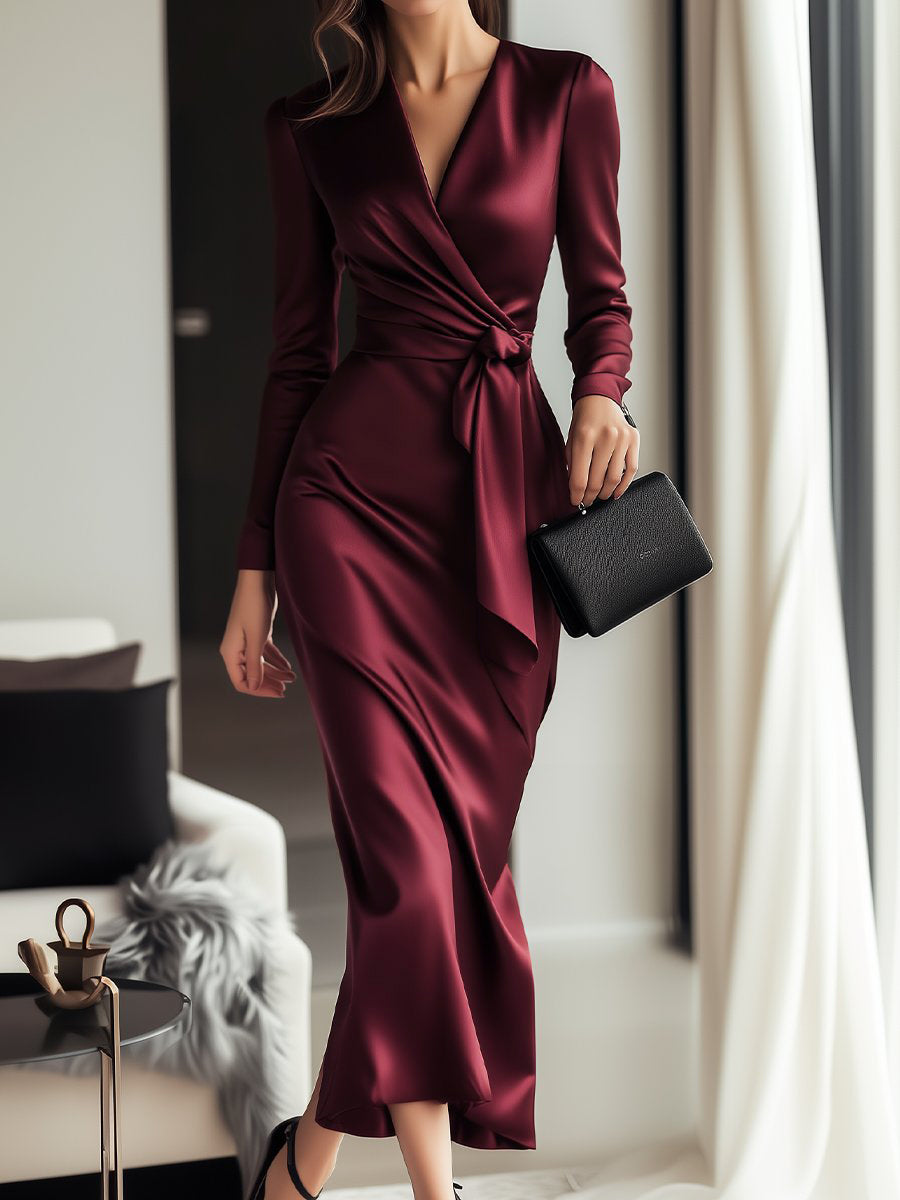 Luxe Dames Bordeaux Satijnen Gala Midi Jurk Met Overslag