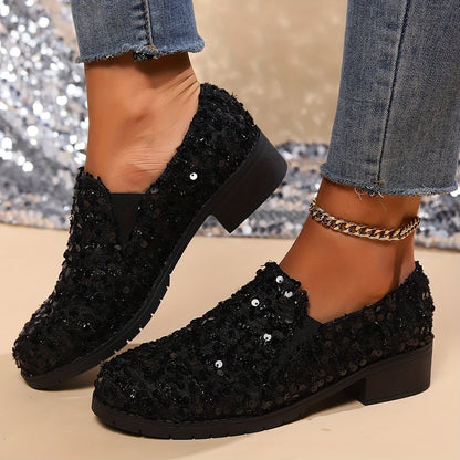 Glanzende Pailletten Dames Loafers met Blokhak en Elastische Inzet