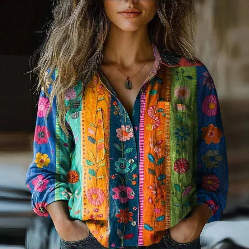 Bohemian Vintage Dames Blouse met Puntkraag en Borstzakken