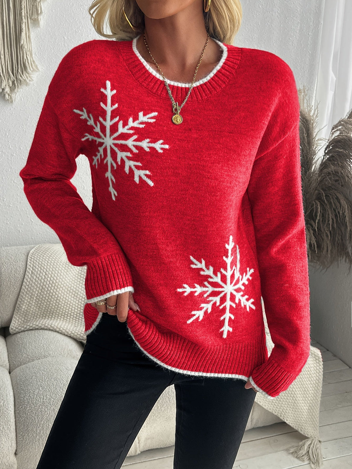 Gebreide Jacquard Dames Trui met Sneeuwvlokmotief en Ribboorden