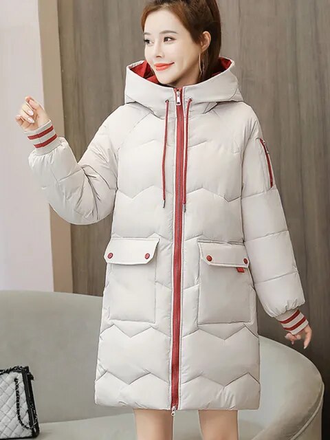 Lange Warme Dames Puffer Jas met Capuchon en Zakken