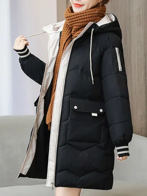 Lange Warme Dames Puffer Jas met Capuchon en Zakken