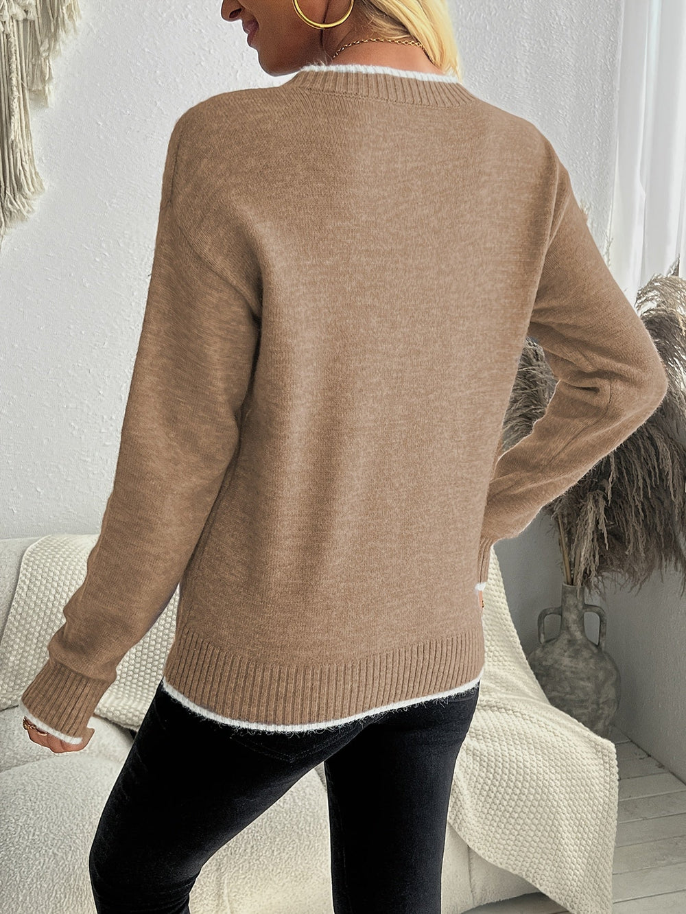 Gebreide Jacquard Dames Trui met Sneeuwvlokmotief en Ribboorden
