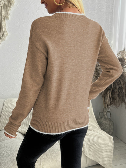 Gebreide Jacquard Dames Trui met Sneeuwvlokmotief en Ribboorden