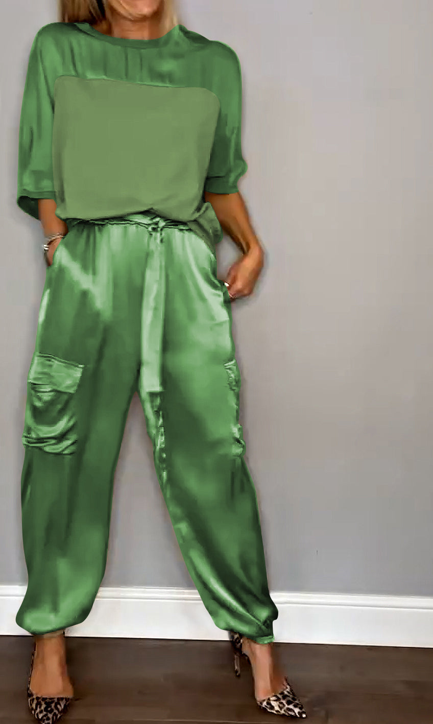 Chique Dames Satijnen Cargo Set met Top en Hoge Taille Broek