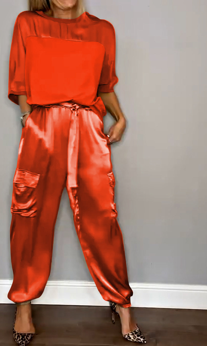 Chique Dames Satijnen Cargo Set met Top en Hoge Taille Broek