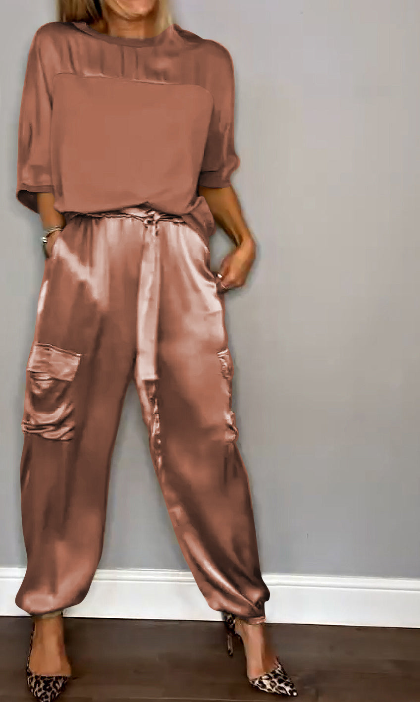 Chique Dames Satijnen Cargo Set met Top en Hoge Taille Broek