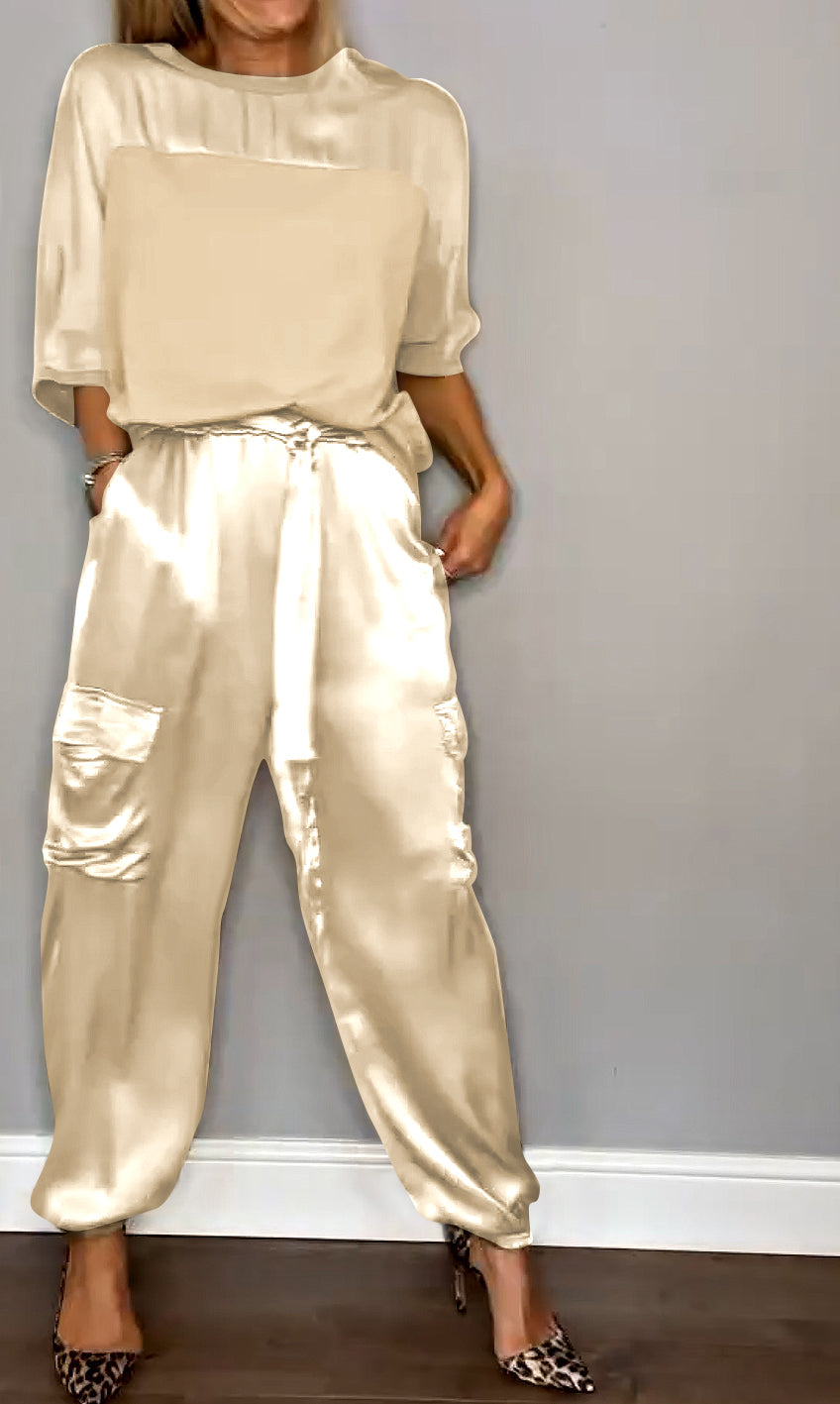 Chique Dames Satijnen Cargo Set met Top en Hoge Taille Broek