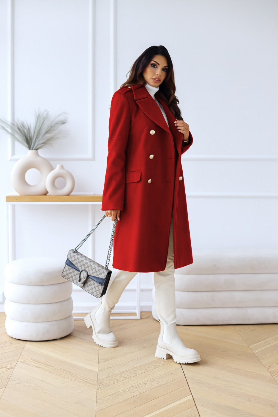 Elegante Chique Getailleerde Dames Wollen Jas met Knopen
