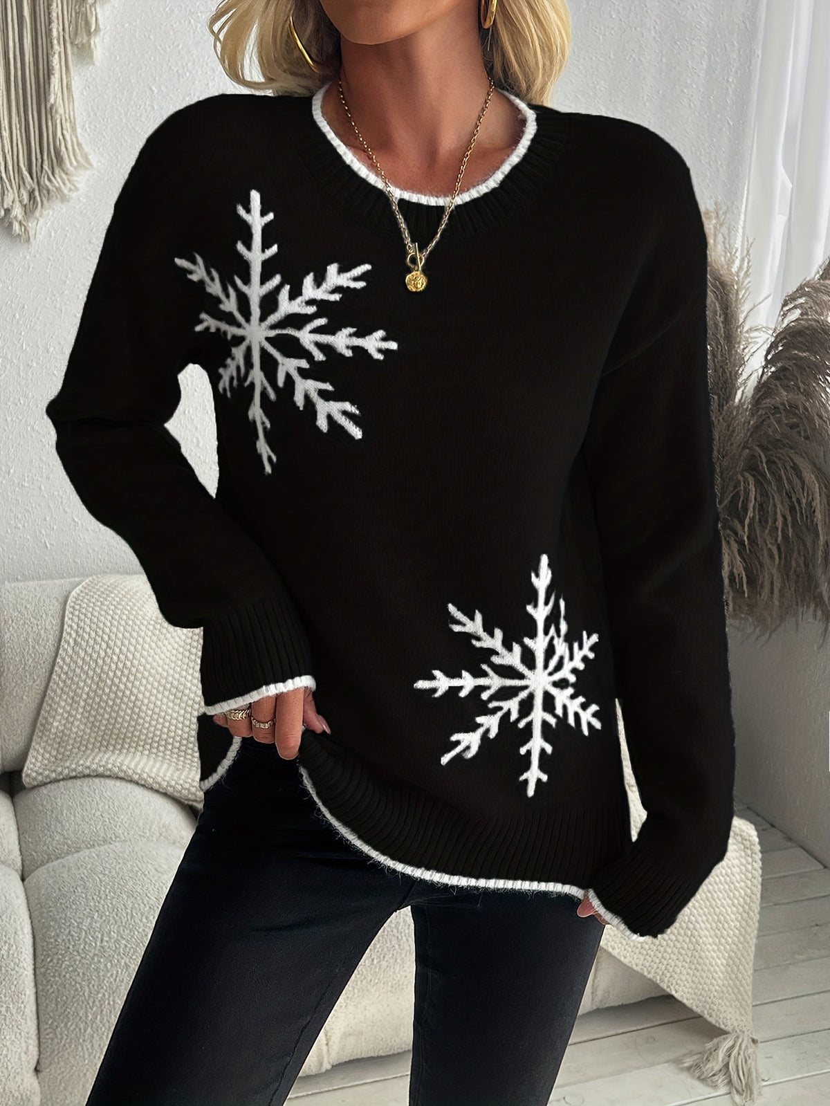 Gebreide Jacquard Dames Trui met Sneeuwvlokmotief en Ribboorden