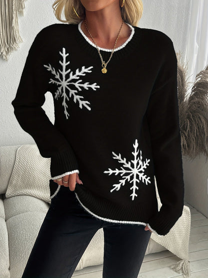 Gebreide Jacquard Dames Trui met Sneeuwvlokmotief en Ribboorden
